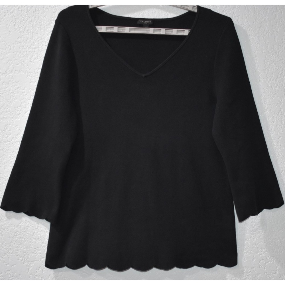 Talbots X Sweater Scallop Trim Solid Stretch VNeck Ribbed Elegant Black Pullover